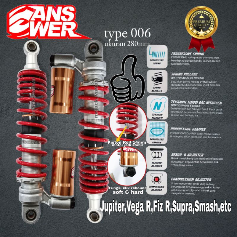 Shock belakang Jupiter Z/Vega R/F1Z R/Supra/Smash ANSWER 006-280 Fungsi klik Tabung Bawah Setelan