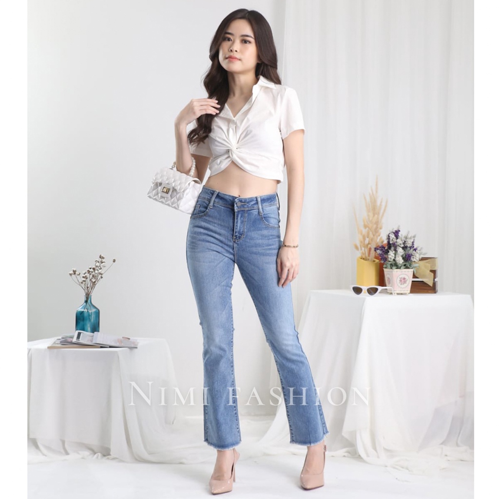 NIMI - Celana Jeans Cutbray Wanita Celana Jeans Stretch Highwaist Norine Snow