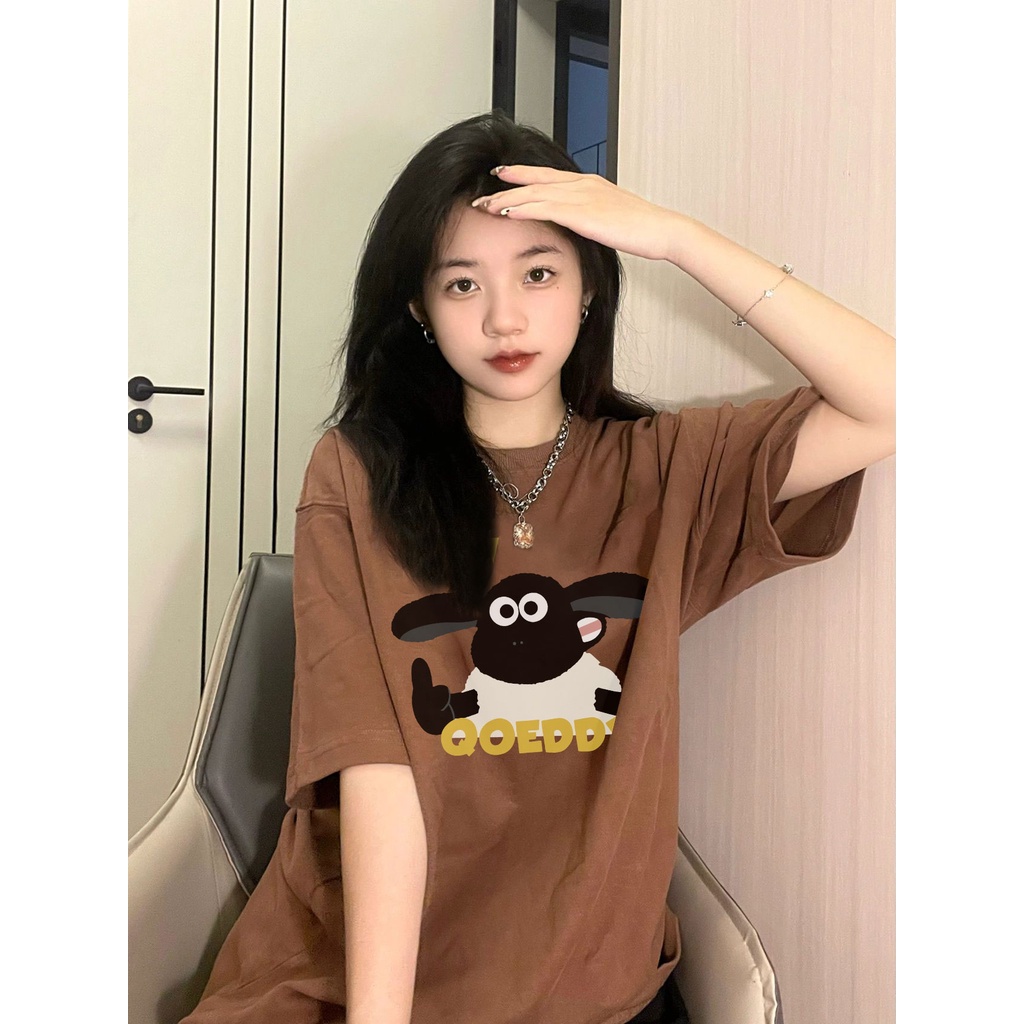 Korean Style Vintage Kaos Lengan Pendek Cream Atasan Wanita Hitam Cartoon Sheep Oversize Printed T-shirt Kekinian
