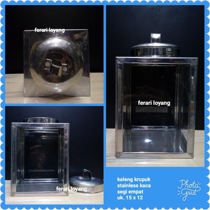 KALENG KRUPUK STAINLESS/KACA/SEGI EMPAT/SOUVENIR UK 15 X 12