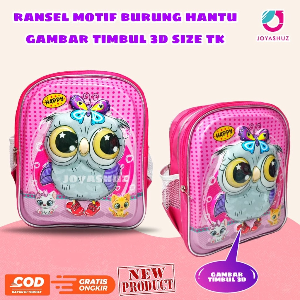 Ransel Anak Sekolah - Tas Anak Perempuan TK - Ransel Gratis Bonus - Tas 3D (Timbul) - Tas Karakter Owl - Owl 3D Gemas - Ransel Gratis Botol Minum - Joyashuz