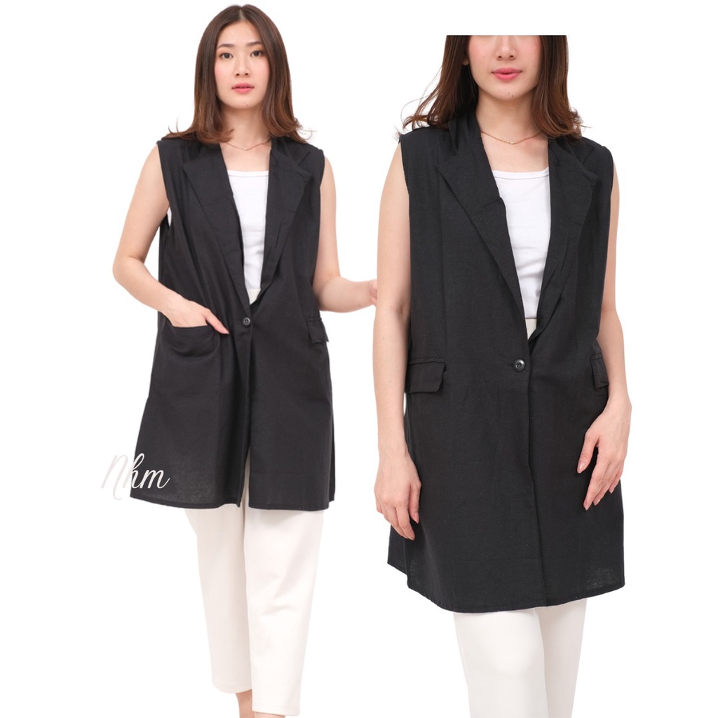 Vest Outwear Wanita, Rompi Cardigan Linen Formal Casual Mixi