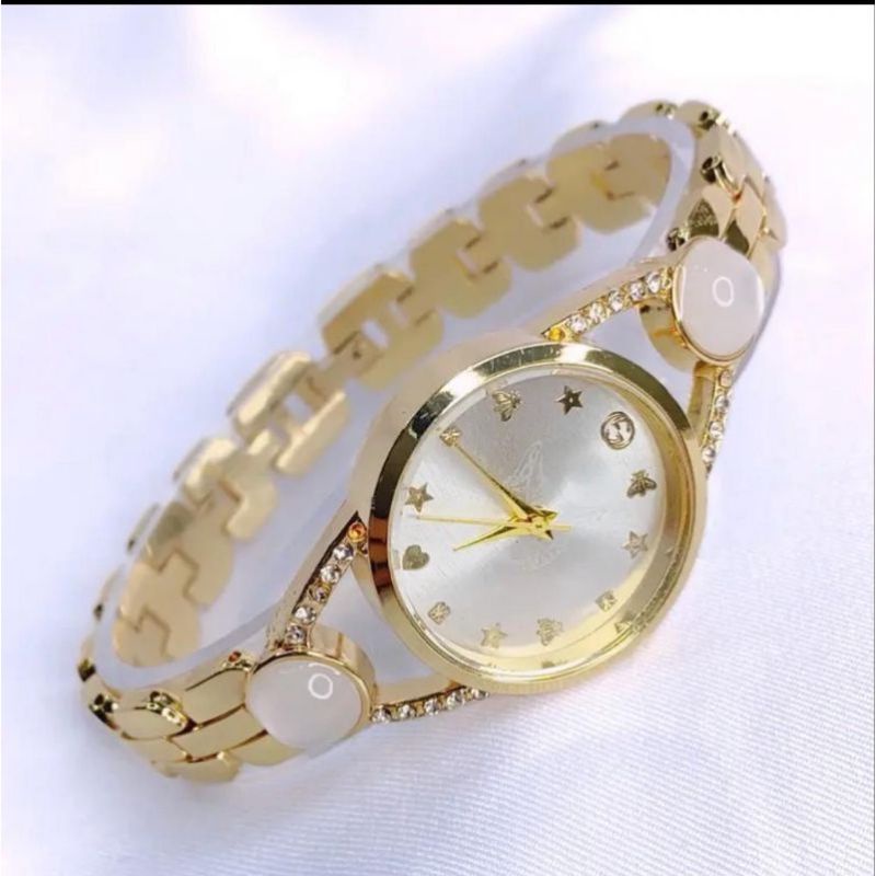 (Terima Cod)Jam Tangan Wanita Fashion Batu Bulat Putih Strap Rantai/Stell(Dikirim Jakarta)