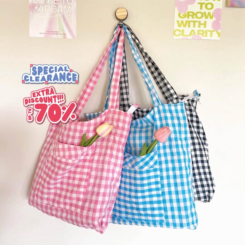 MOTTA Totebag Resleting Motif Kotak Kotak Tote Bag Simple Big Unisex NR