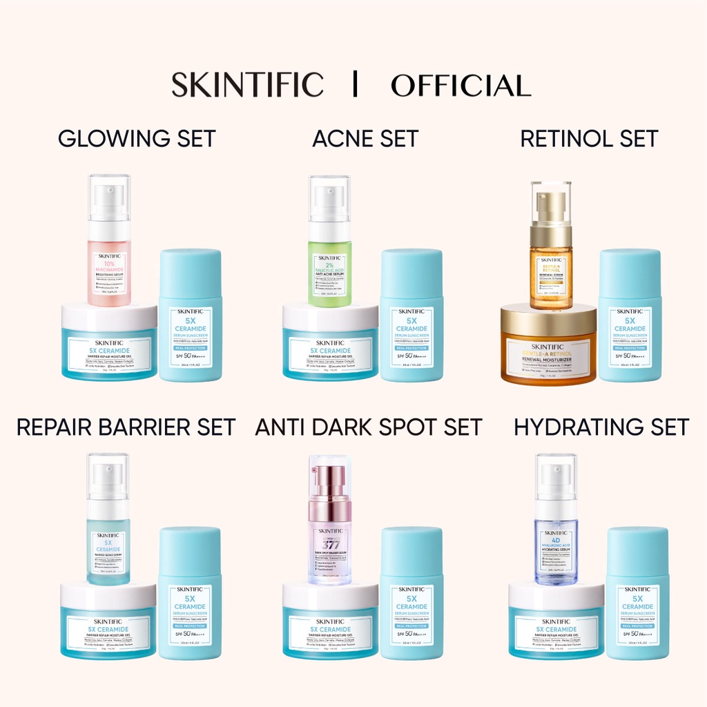 SKINTIFIC 3pcs with Sunscreen - Paket Skincare Moisture Gel + Serum Sunscreen + Brightening Serum / Anti Acne Serum / Barrier Repair Serum / Hydrating Serum