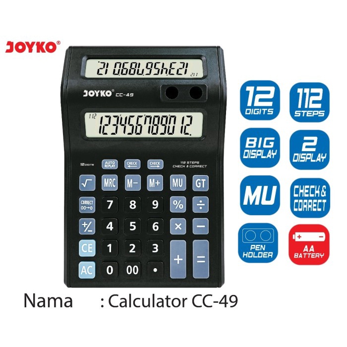 

KOMPLIT Kalkulator Joyko Double Layar 12 Digit cc-49