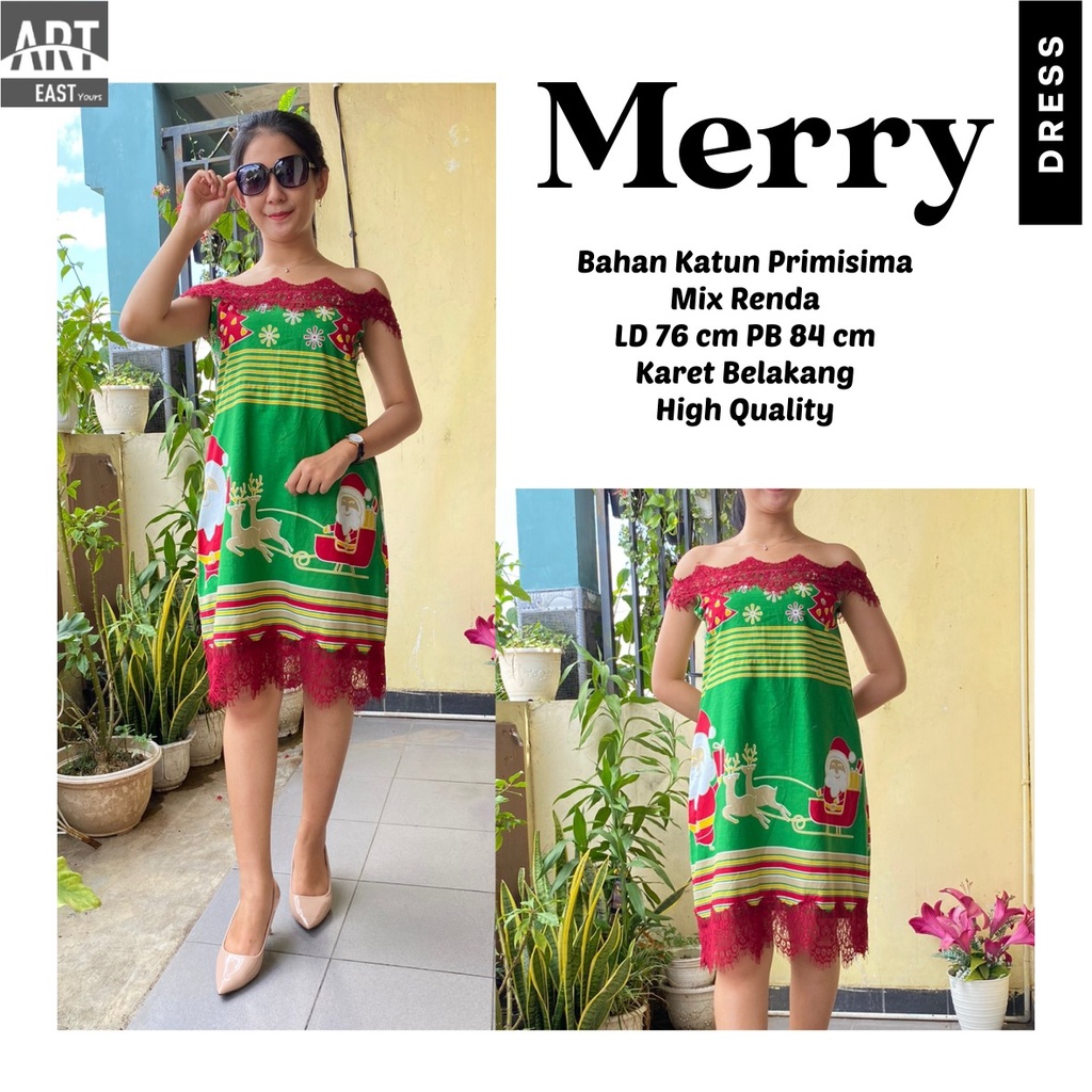 MERRY Dress Mini Wanita Natal Motif Santa Mix Brokat Model Sabrina Kekinian BISA COD
