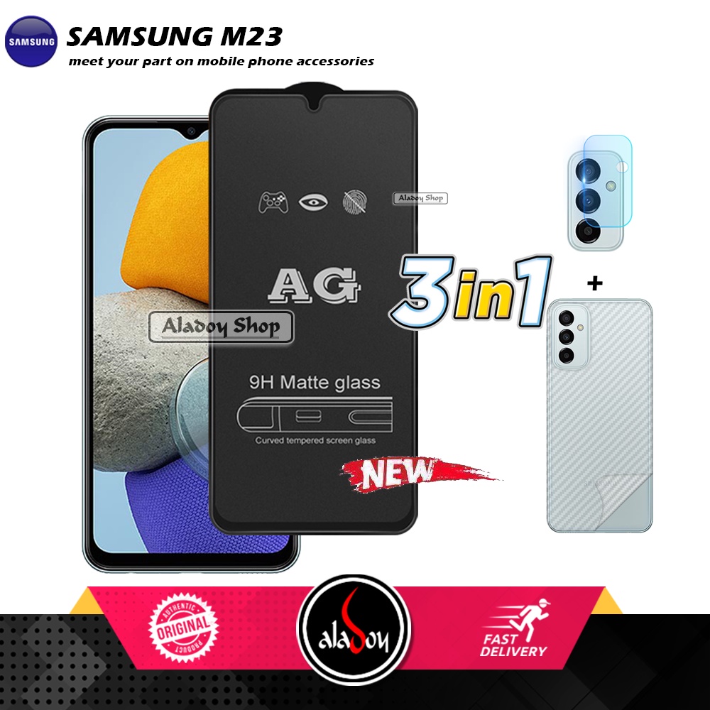 Paket 3IN1 Tempered Glass Layar Matte Anti Glare Samsung M23 Free Tempered Glass Camera dan Skin Carbon