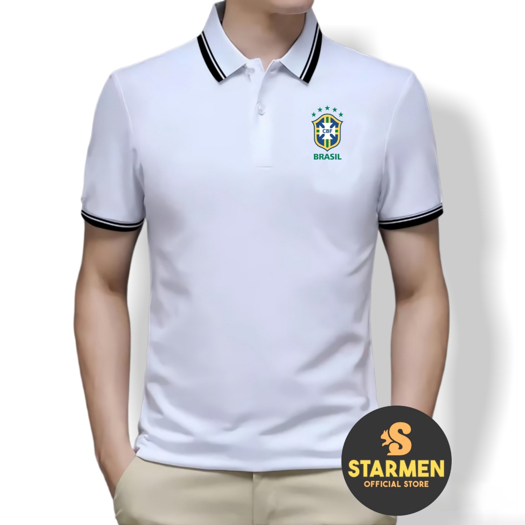 Kaos Polo Shirt Pria Kerah List Putih logo BRASIL