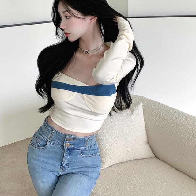 Suhao Warna Kontras Kerah Persegi Sweater T-shirt Wanita Setelan Jas Pendek Ketat Tube Top Kemeja Putih Atasan Lengan Panjang