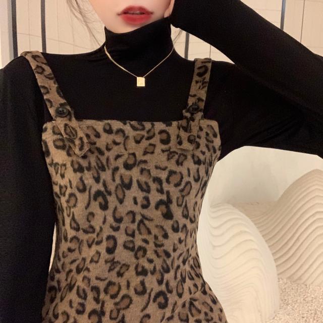 Suhao one-piece suit wanita retro temperamen berleher tinggi bottoming top leopard strap dress net merah fashion dua potong trendi