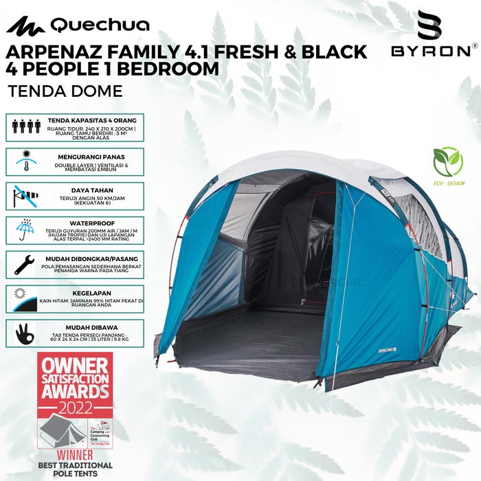 QUECHUA Arpenaz 4.1 Fresh &amp; Black Tenda Camping 4 Orang 1 Kamar Original