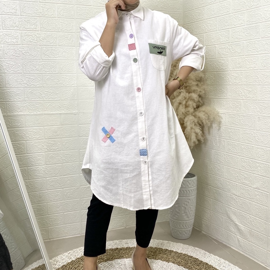 Momora Tunik Kemeja Katun Linen Import Polos - Kemeja Atasan Wanita Baju Muslim - Saku Depan Bordir