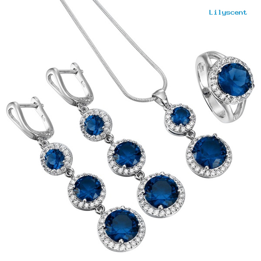 [LS] Wanita Faux Gemstone Cubic Zirconia Pendant Kalung Anting Cincin Set Perhiasan