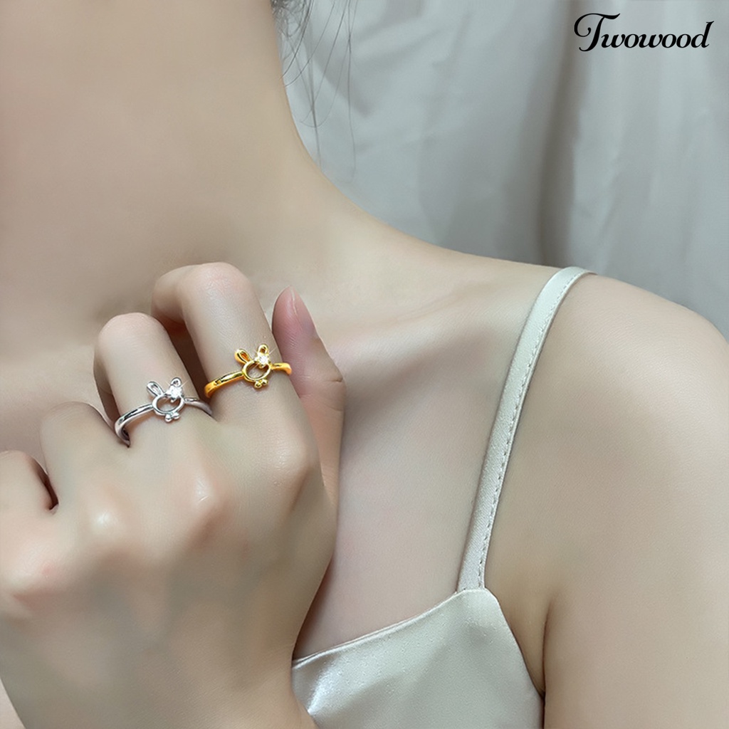 Twowood Wanita Cincin Manis All-match Aksesoris Fashion Open-end Cute Rabbit Flower Rhinestone Ring Untuk Pakaian Sehari-Hari