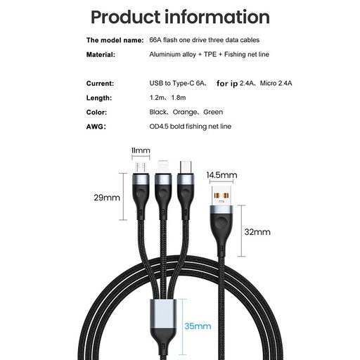 6a 3in1 Kabel Pengisian Super 120W Jalur Data Pengisian Super Cepat Untuk i-phone Android Tipe C USB Flash Charging Data Line