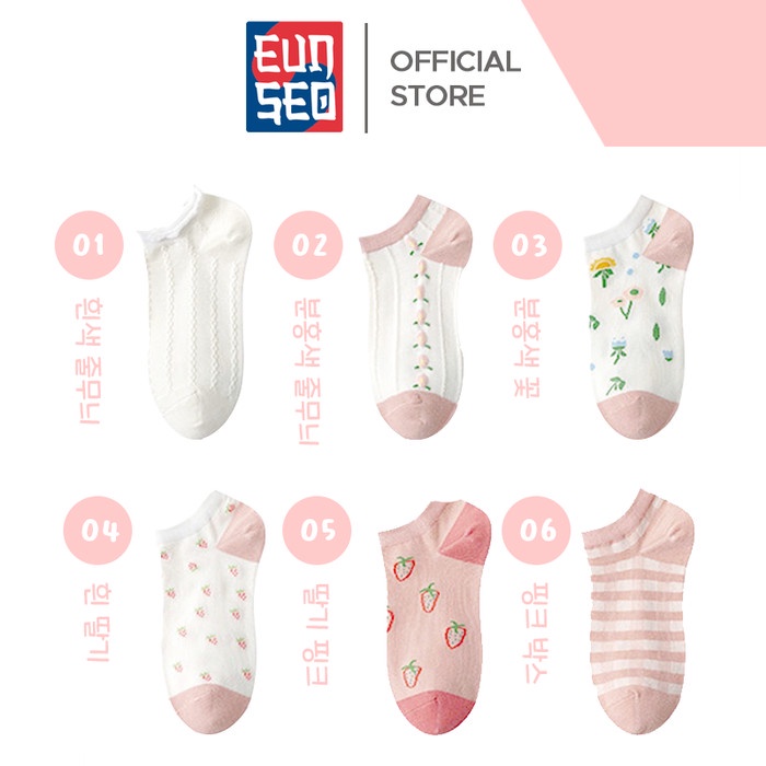 EUNSEO Kaos Kaki Mata Kaki Wanita - Fashion Korea Motif Putih Pink Soft