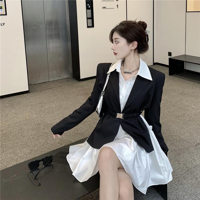 Suhao One-Piece Suit Hitam Kasual Blazer Wanita Berpinggang Temperamen Setelan Kecil Top Kemeja Lengan Panjang Gaun