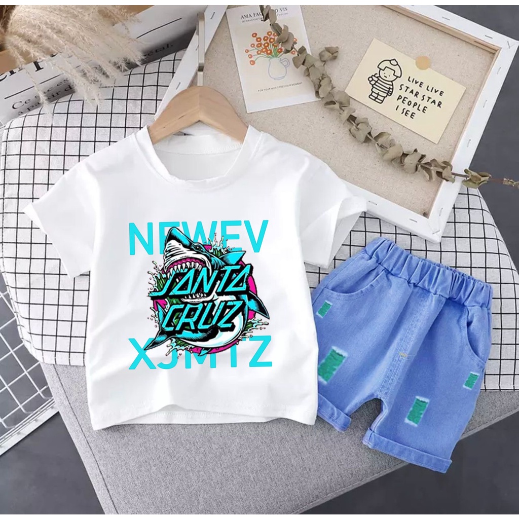 SETELAN ANAK BAJU KAOS CELANA PENDEK BAHAN DENIM UMUR 1-5 TAHUN