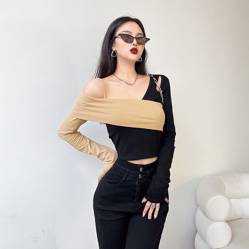 ¤◙Suhao Rapcopter Eropa dan Amerika hot girls hit warna asimetris off-shoulder T-shirt wanita lintas miring kerah slim fit dan atasan all-match tipis