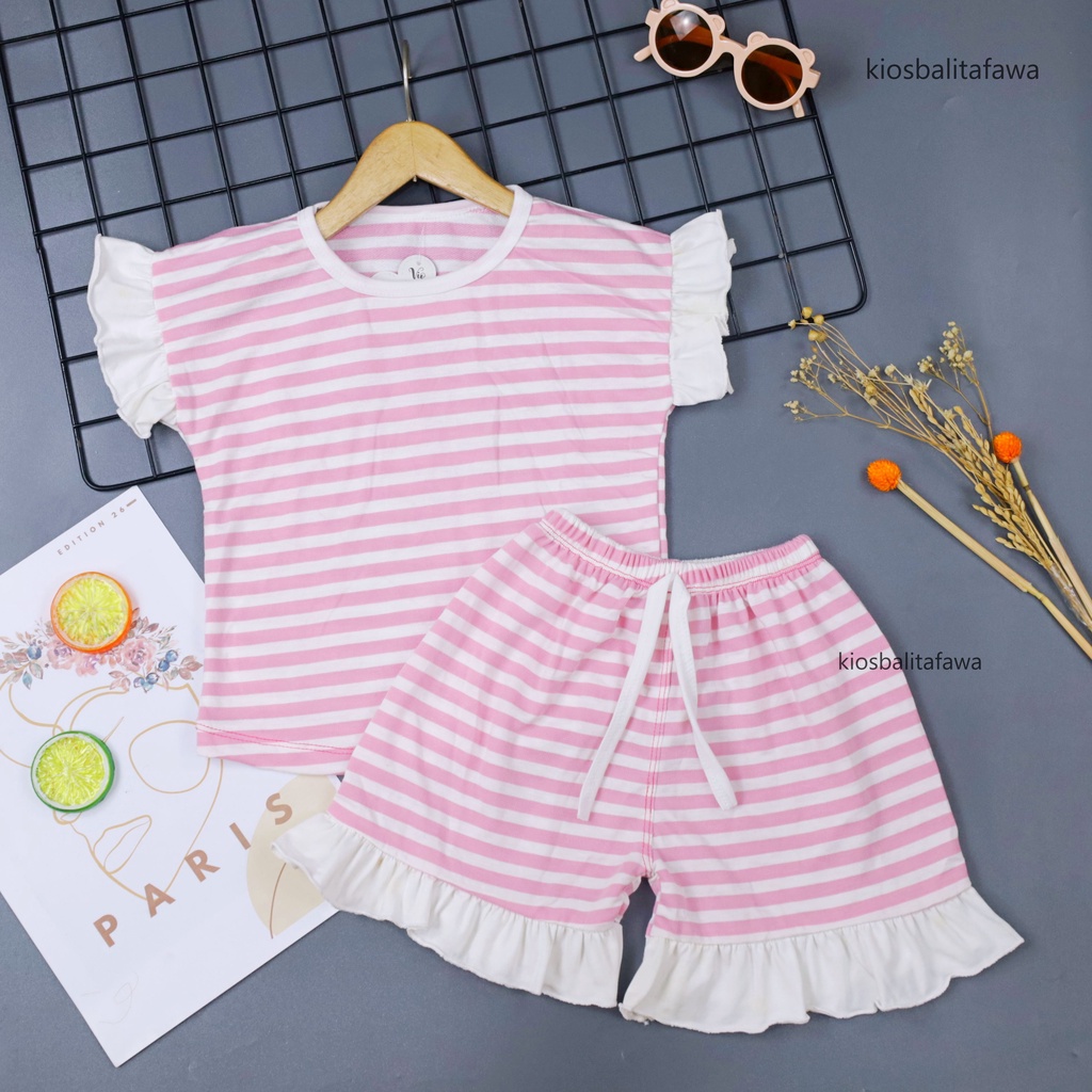 Set Cherry uk Bayi - 4 Tahun / Setelan Pendek Anak Perempuan Kaos Salur Baby Baju Tidur Bayi Celana Pendek Babycinnamon