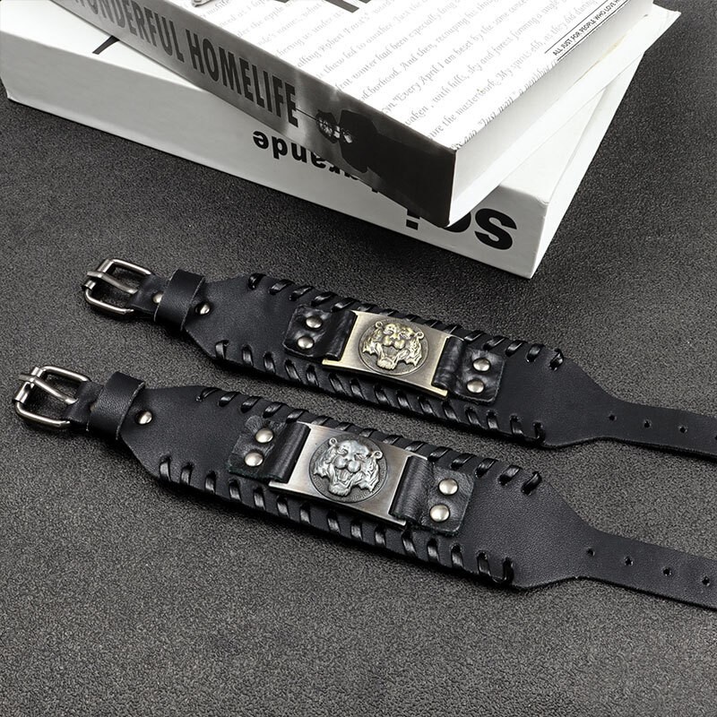 [Z H Jewelry] Viking Fashion Pria Macan Kulit Anyaman Gelang Stainless Steel/Aksesoris Perhiasan Pesta 18.5CM~21.5CM