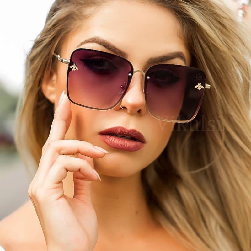 (YUZHU) Mode Barat Oversized Square Frame Polarized Gradient Sunglasses Vintage Fashion Logam Tanpa Bingkai Kacamata Wanita