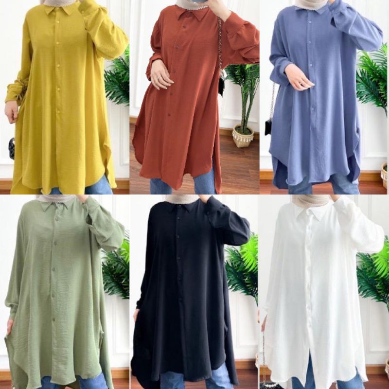SIERA - ATASAN KEMEJA LONG TUNIK BUSUI POLOS  PREMIUM WANITA MUSLIM CRINKLE RENDA PLISKET REMPEL WAR