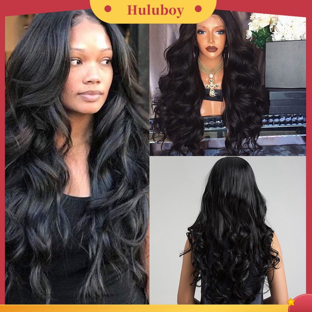 Wig Cosplay Model Panjang Gelombang Bahan Halus Breathable Warna Hitam Untuk Wanita