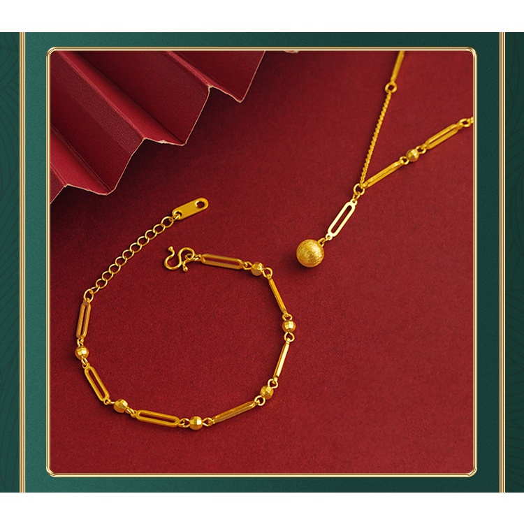 Goldkingdom Fashion Perhiasan Emas Asli Kadar 375 Bangkok Aksesoris Ready Stock Baru Emas Kalung Pria Dan Wanita Dengan Bola Dan Bing Liontin Geometris Gelang Gaya Retro