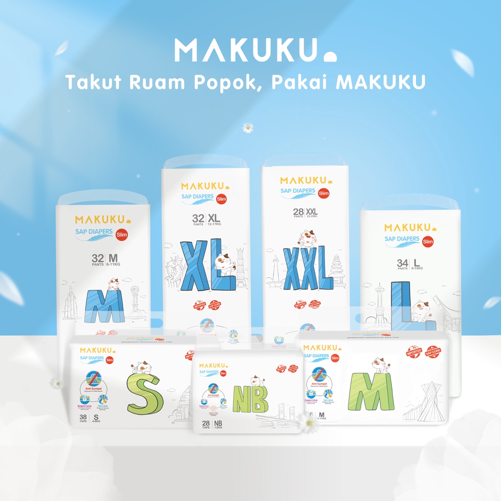 MAKUKU SAP Diapers Slim Pants L34 Popok Bayi Celana Tipis Anti Gumpal Cepat Kering dan Mencegah Ruam