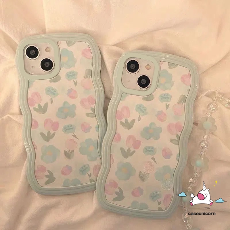 Casing Bunga Kompatibel Untuk iPhone 7Plus 8Plus XR 6s 6 7 8 Plus 14 11 12 13 Pro Max14 Plus X XS MAX SE 2020 Cat Air Fresh Blue Purple Flowers Soft TPU Wavy Edge Cover