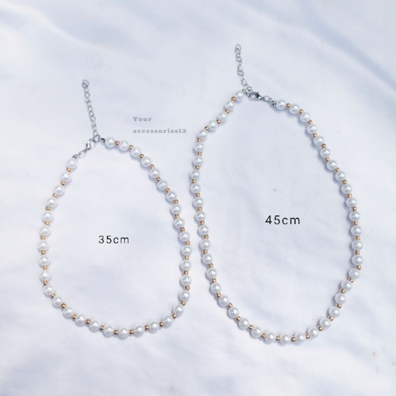 Kalung mutiara pearl necklace choker - putih bersih 8mm manik gold