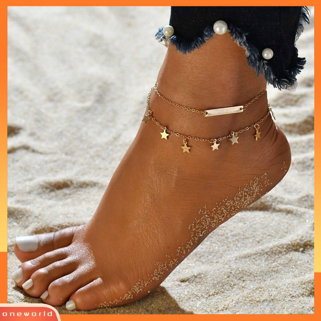 [WONE] Gelang Kaki Wanita Multilayer Perhiasan Daun Electroplating Faux Pearls Foot Bracelet Untuk Pantai