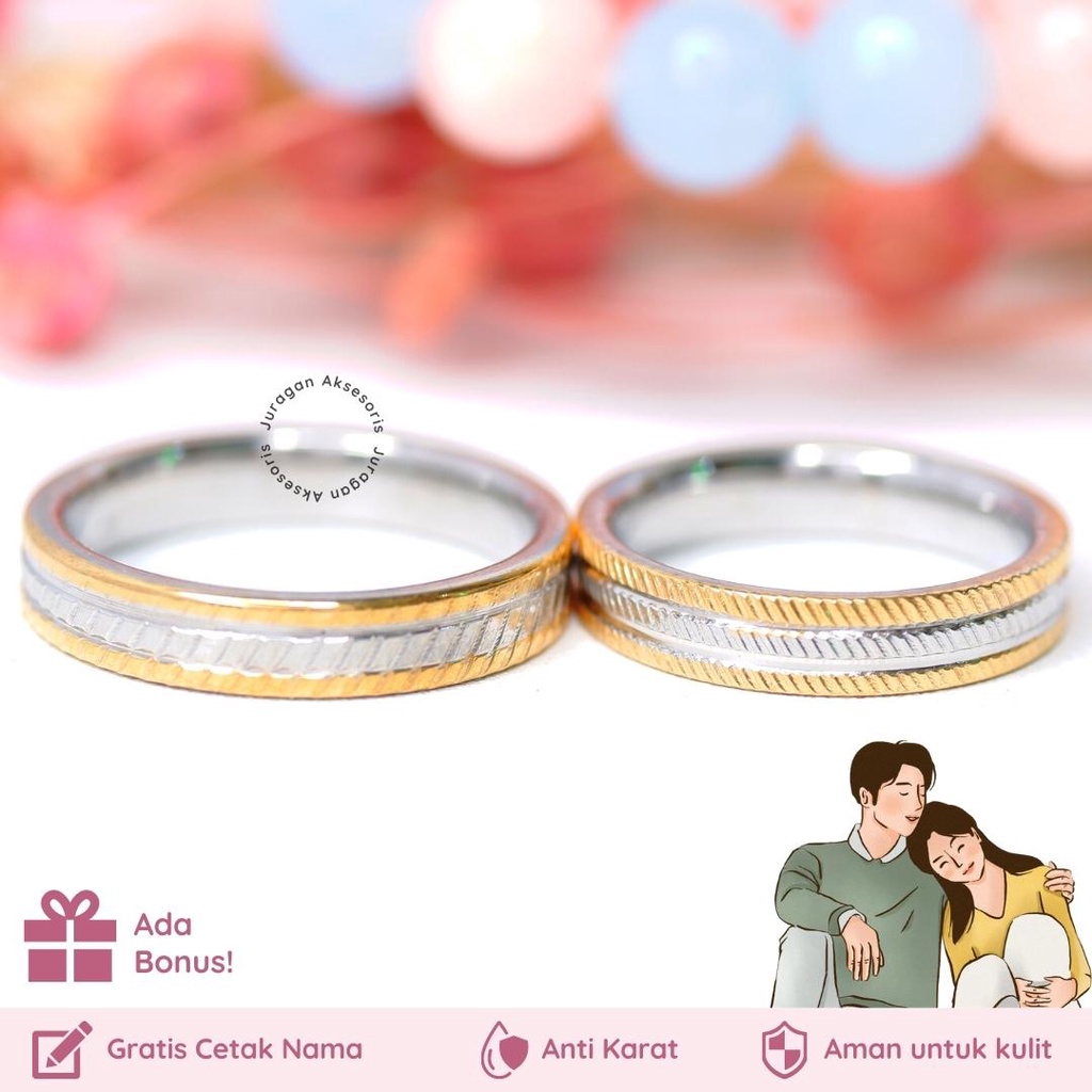 [GRATIS CETAK NAMA] Cincin Couple Romantis Ailoviu Titanium Anti Karat M118 Hadiah Tunangan Pasangan Pria Wanita Perak Platinum Paladium Emas Putih Silver Gold