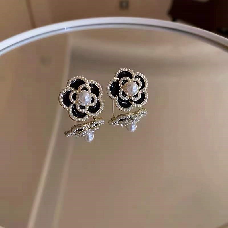 Anting Tusuk Mutiara Anting Bunga Warna Hitam Untuk Aksesoris Perhiasan Wanita