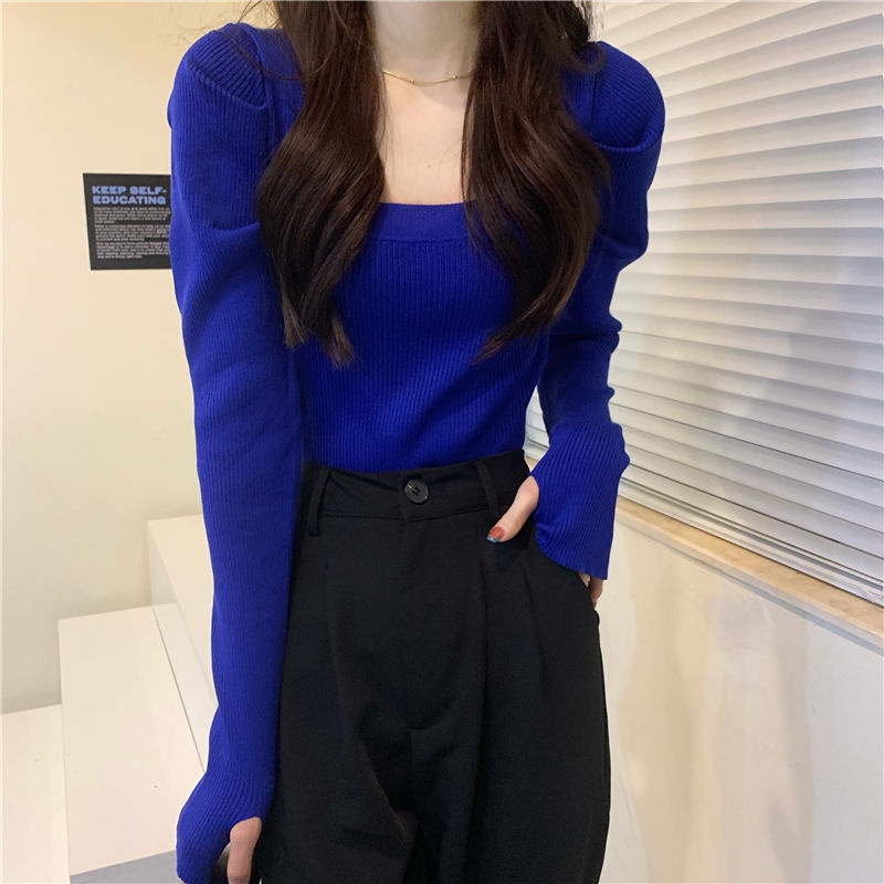 ☼Suhao Puff Lengan Rajutan Kemeja Musim Semi dan Musim Gugur 2022 Baru Bahasa Perancis Rasa Desain Niche Klein Biru Dalam Top Wanita