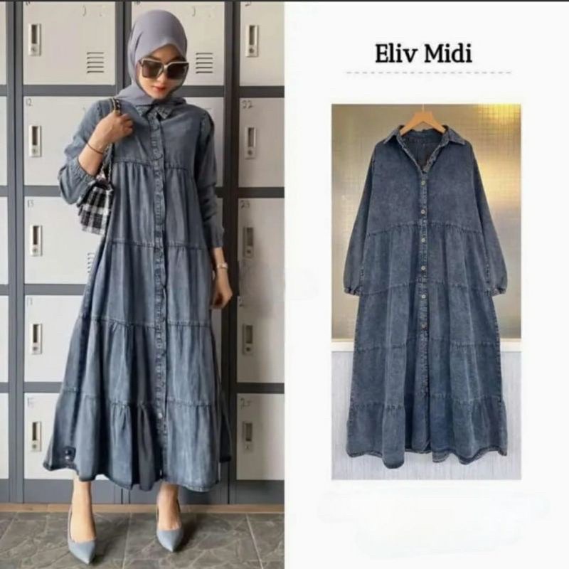 Eliv Midi Dress Jeans Lengan Panjang Full Kancing Busui Gamis Denim Hits Kekinian