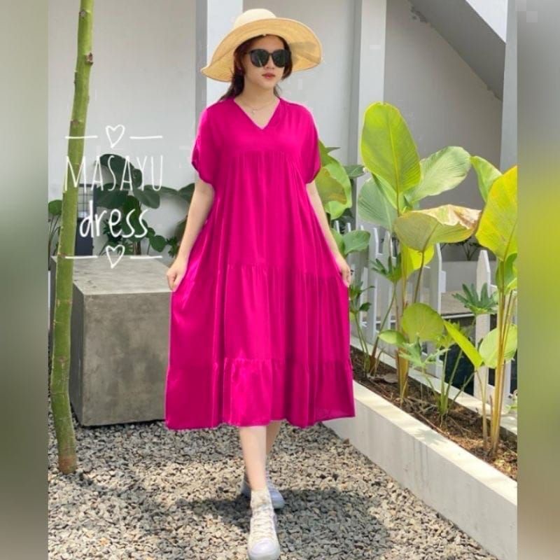 Dress Polos Rayon XXL/Masayu Home Dress Midi Korean Polos Ruffle I Kanzia Homedress LD 120