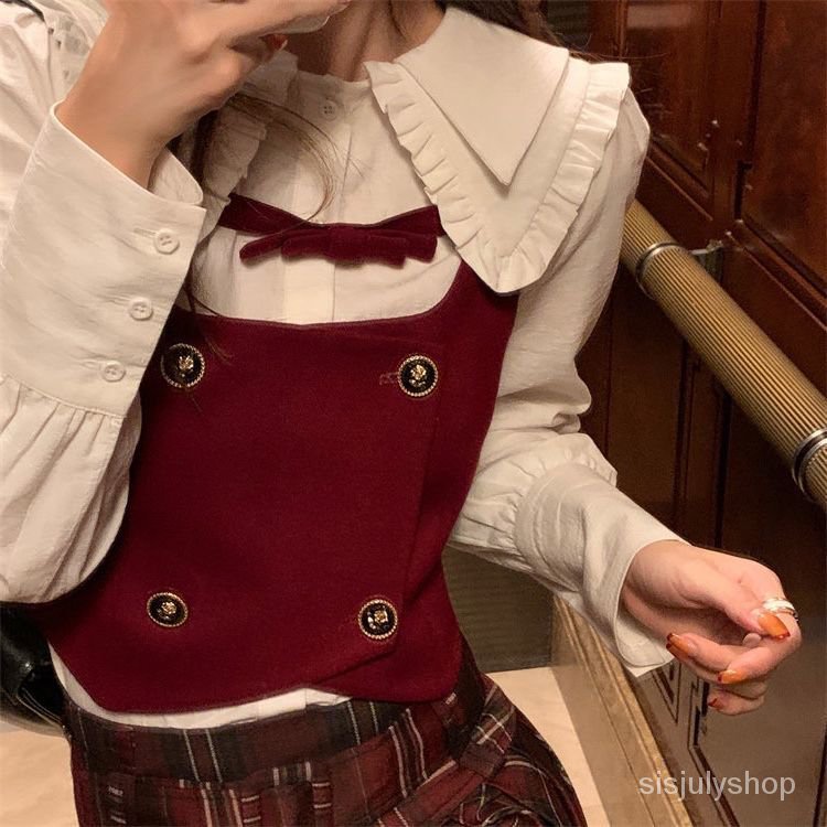 Boneka kerah peplum pinggang kemeja putih rompi dua potong gaya kuliah vintage