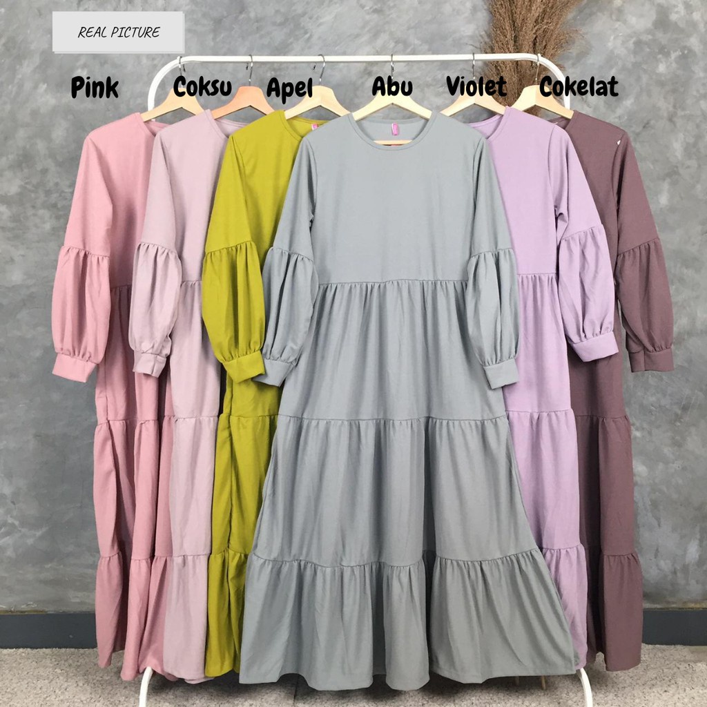 LUNARA MAXI | GAMIS REMPEL SUSUN RAYON POLOS KATUN TALI PINGGANG | GAMIS RUFFLE HOMEY | GAMIS SUSUN 