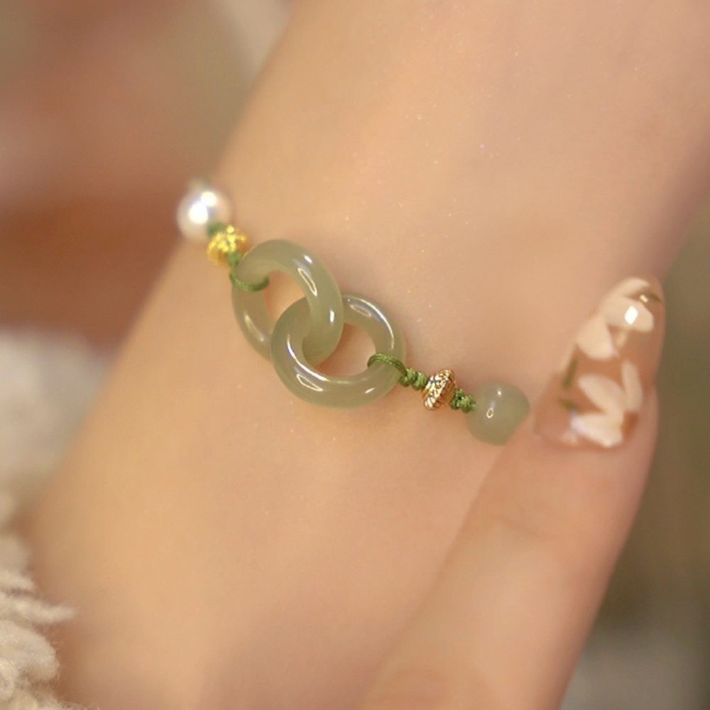 [COD Tangding]elegan Meniru Hetian Giok Cincin Ganda Dikepang Gelang Anyaman Tali Tangan Gesper Perdamaian Perhiasan Hadiah