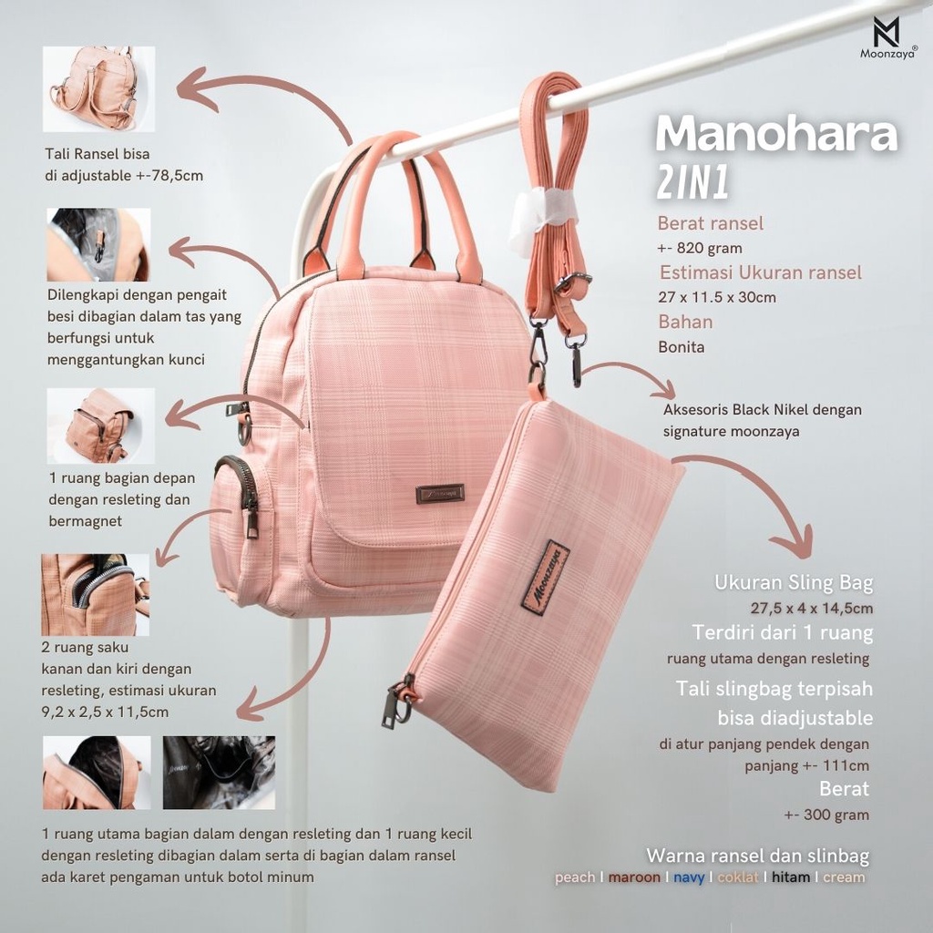 MANOHARA 2 IN 1 TAS RANSEL BAHU SELEMPANG DOMPET JADI SATU ORIGINAL BY MOONZAYA WOMEN SLINGBAG BACKP