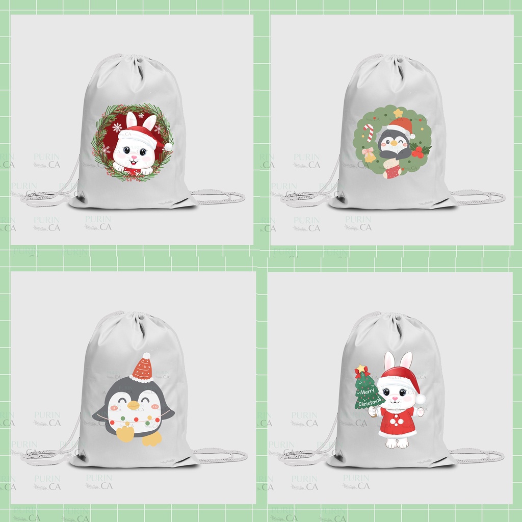 Tas Serut / Tote Bag Kanvas Christmas Bunny dan Pinguin