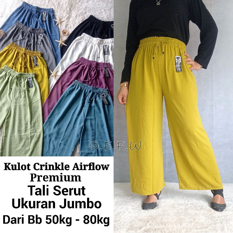 Kulot Ceinkle Airflow Premium Import Ukuran Jumbo muai dari bb 55kg sampai bb 80kg // Celana Panjang Wanita Polos Bahan Crinkle Airflow Tali Serut // Kulot Crinkle High Waist // Cullote Crincle HW Koran Style Korea Simple Panjang Celana 95cm 100cm Grefata