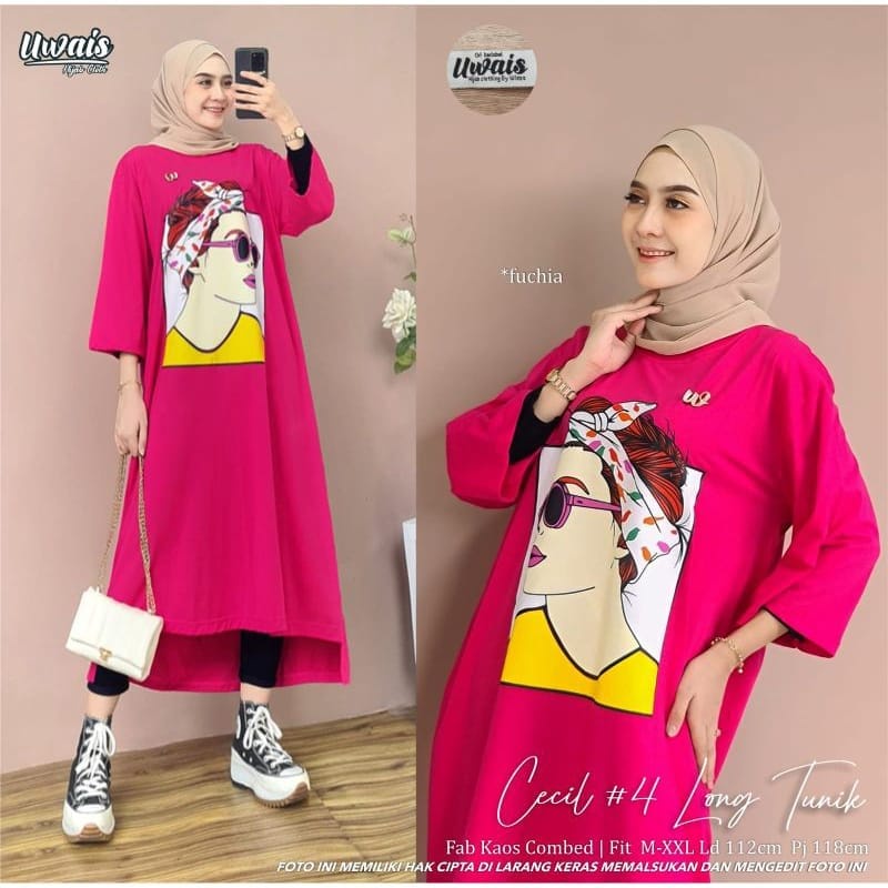 Long tunik jumbo Cecil long tunik #4 Bahan kaos katun combed 24s Aplikasi sablon size s-xxl ld 90 -120 cm Pakaian long tunik wanita model terbaru 2023 Baju kaos oversize wanita Dress wanita korean style Gamis warna milo , fuchia , lime