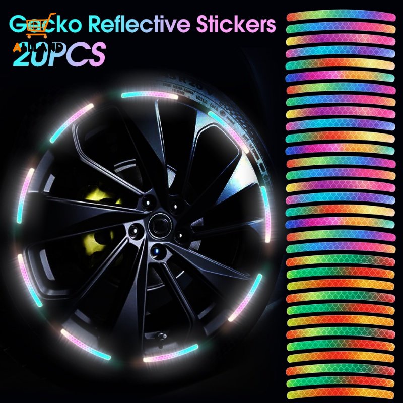 20pcs/set Roda Mobil Perekat Diri Warna-Warni Reflektif Stiker/ Motor Sepeda Malam Glowing Peringatan Decal/ DIY Kendaraan Kepribadian Dekoratif Aplikasi