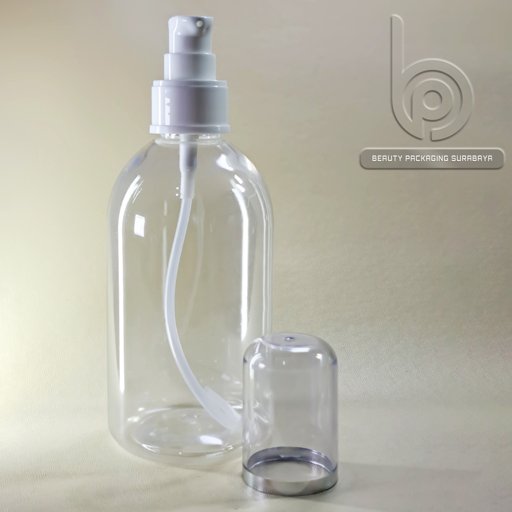 Botol plastik 250ml Oval bening tutup pump treatment FC Putih