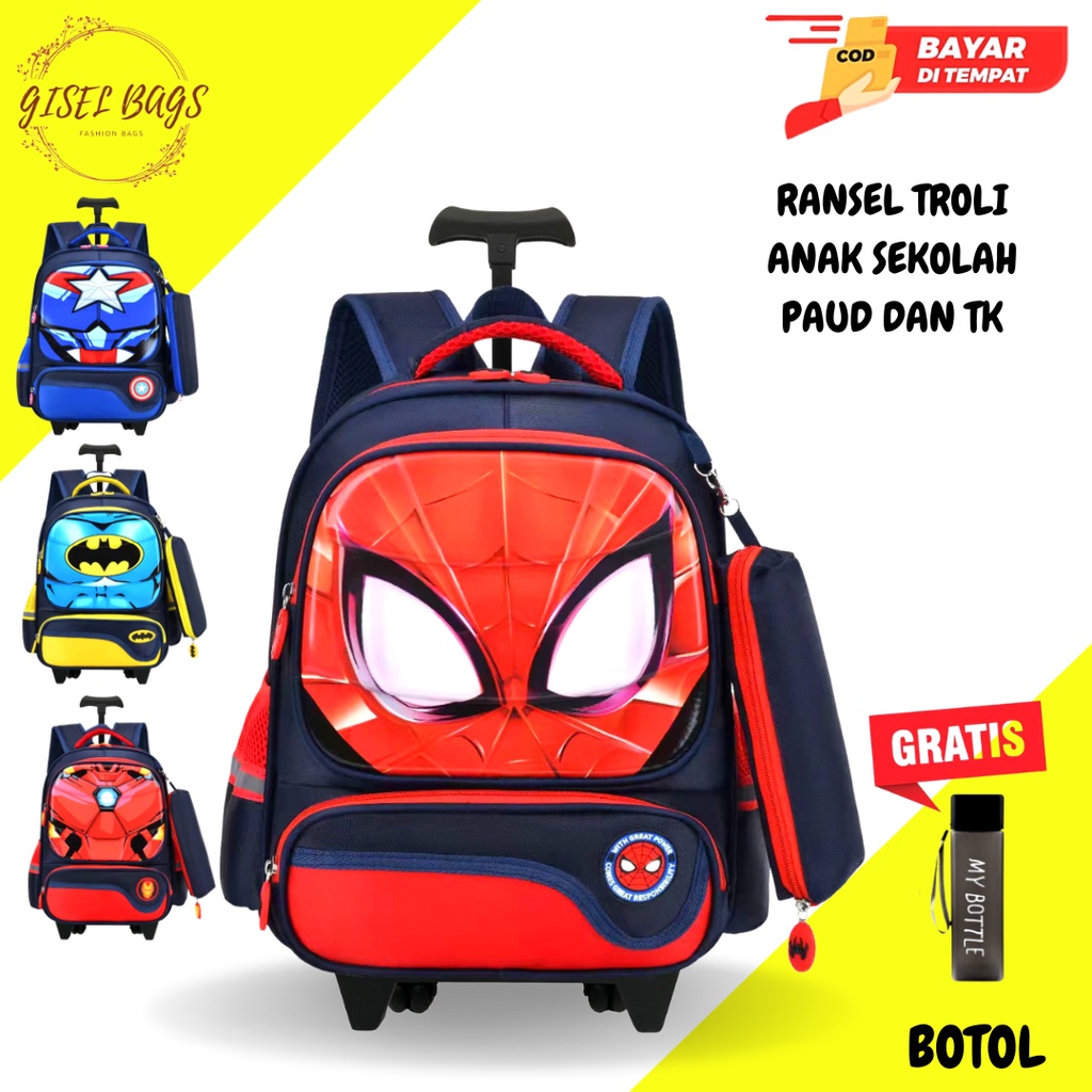 12.12 Tas Trolley Anak Laki Laki Sekolah TK / PG / PAUD KANTUNG Coin Sponge Anti Air Lengkap motif karakter