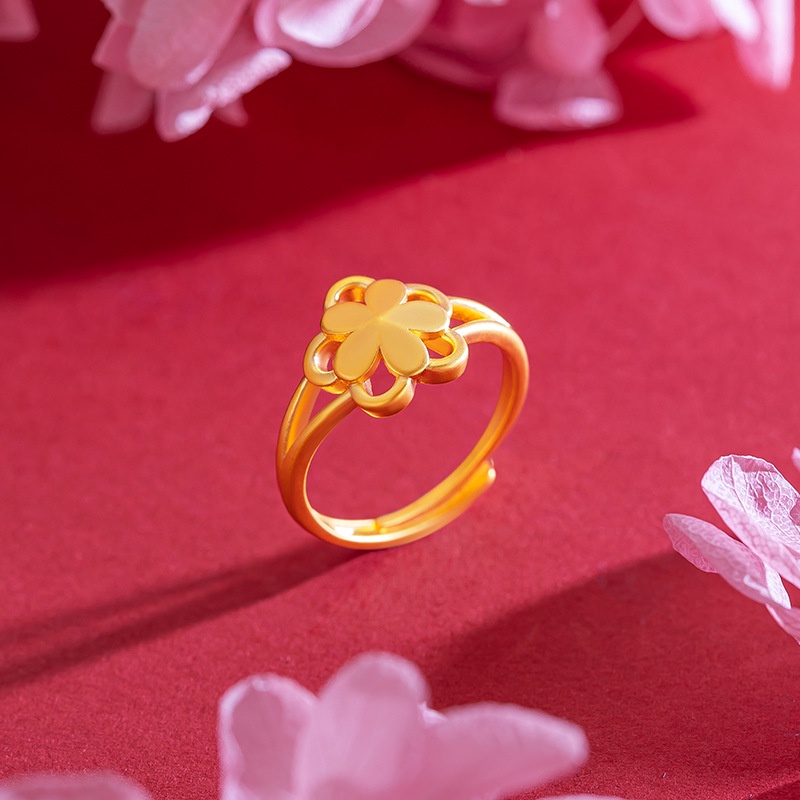 Goldkingdom Perhiasan Fashion Emas Asli Kadar 375 Bangkok Aksesoris Ready Stock Jepang Dan Korea Selatan Bunga Kecil Yang Manis Perempuan Jieqi Rumput Beruntung Berlapis Emas Butik Cincin Yang Dapat Disesuaikan